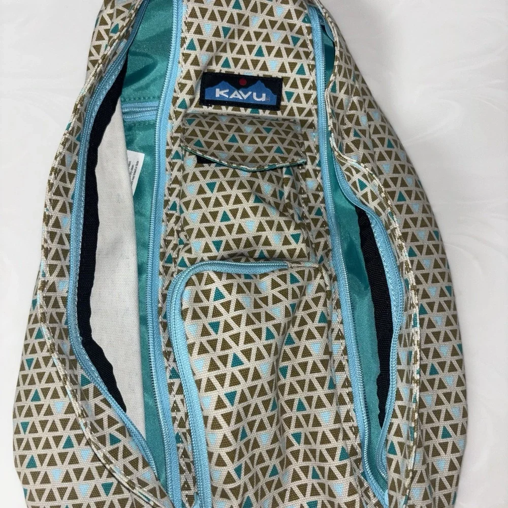 Kavu Rope Sling Bag Backpack Beige Teal/Brown Triangle Geometric Mini Specks